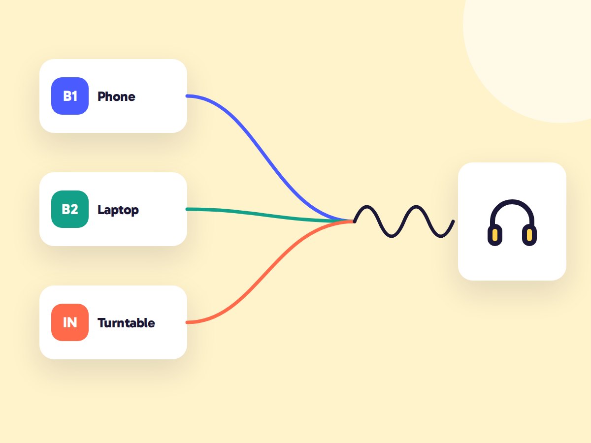 Illustration of three audio sources merging into one pair of headphones
