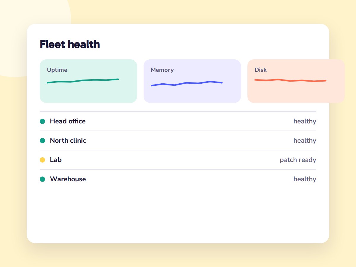 Illustration of a fleet health dashboard with uptime, memory and disk charts